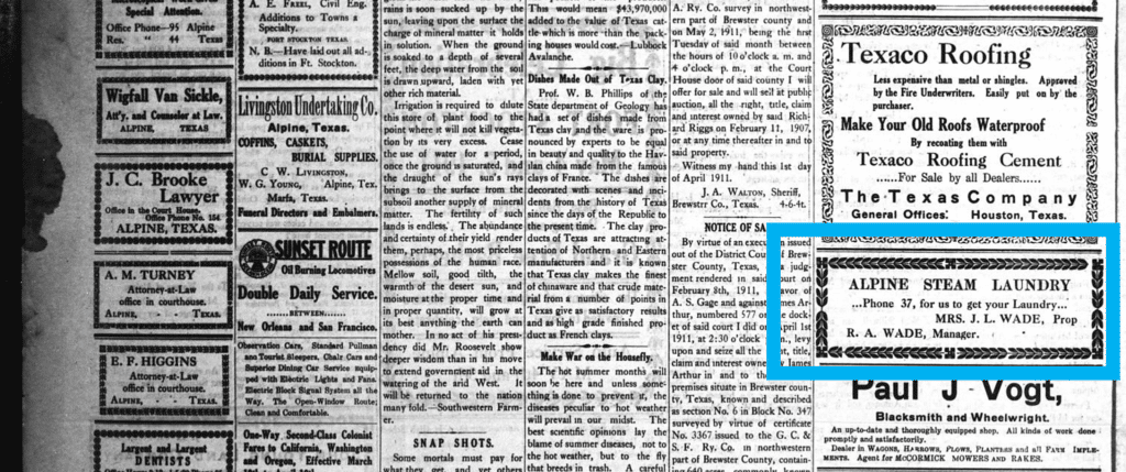 An old newspaper page, advertising many businesses, included the steam laundry of Mrs. Wade.