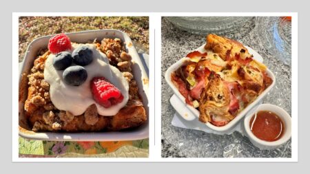 Sweet croissant bread pudding with streusel, yogurt and berries alongside savory ham and cheese croissant bread pudding with hot honey.