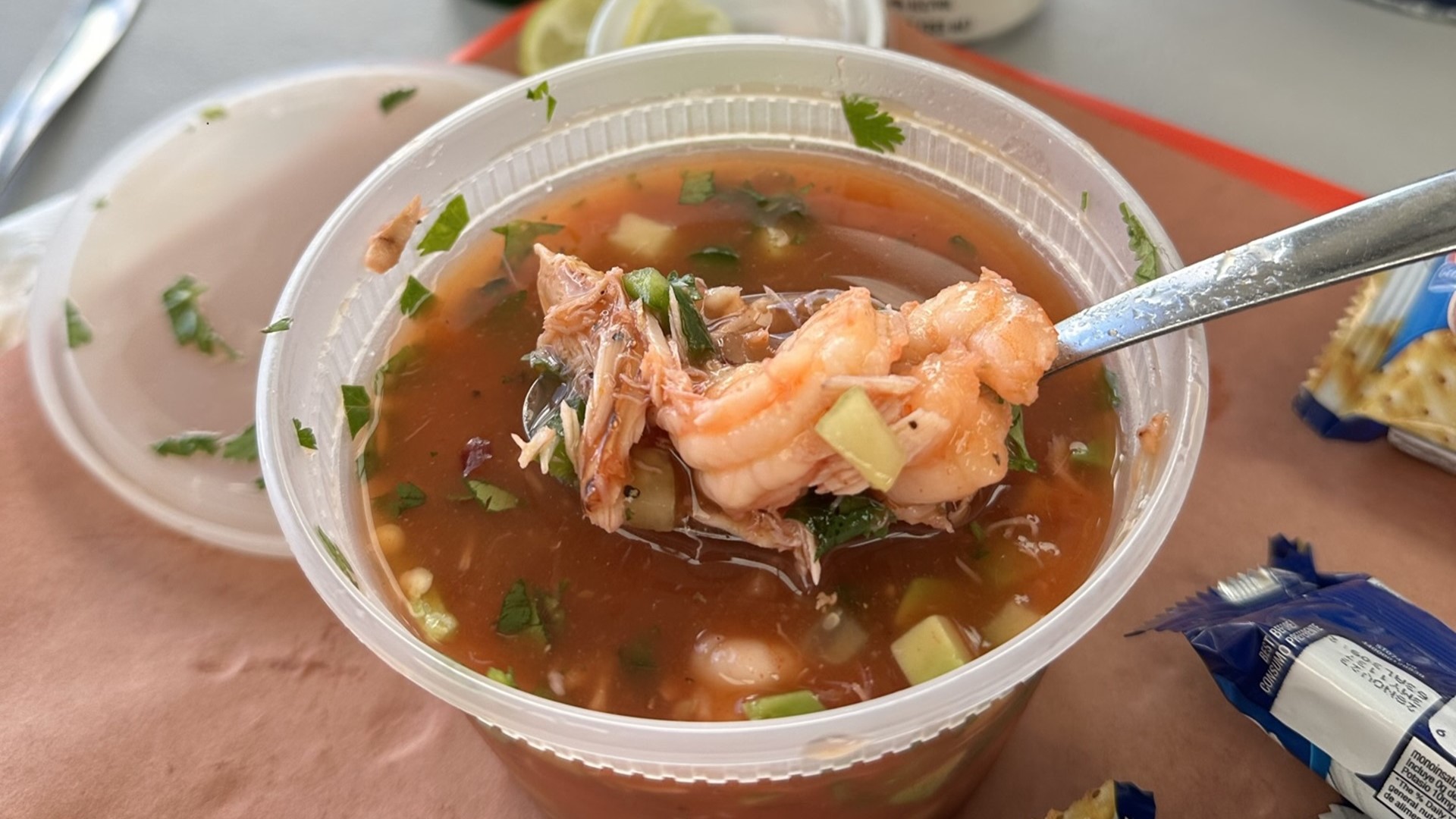 Shrimp and crab in tomato broth, coctel de camarones