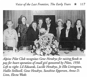 Black-and-white 1950 photograph of the Alpine Pilot Club, with Electa Wade standing at far right.