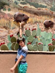 A boy reaching up to touch a javalina done in relief on a mural