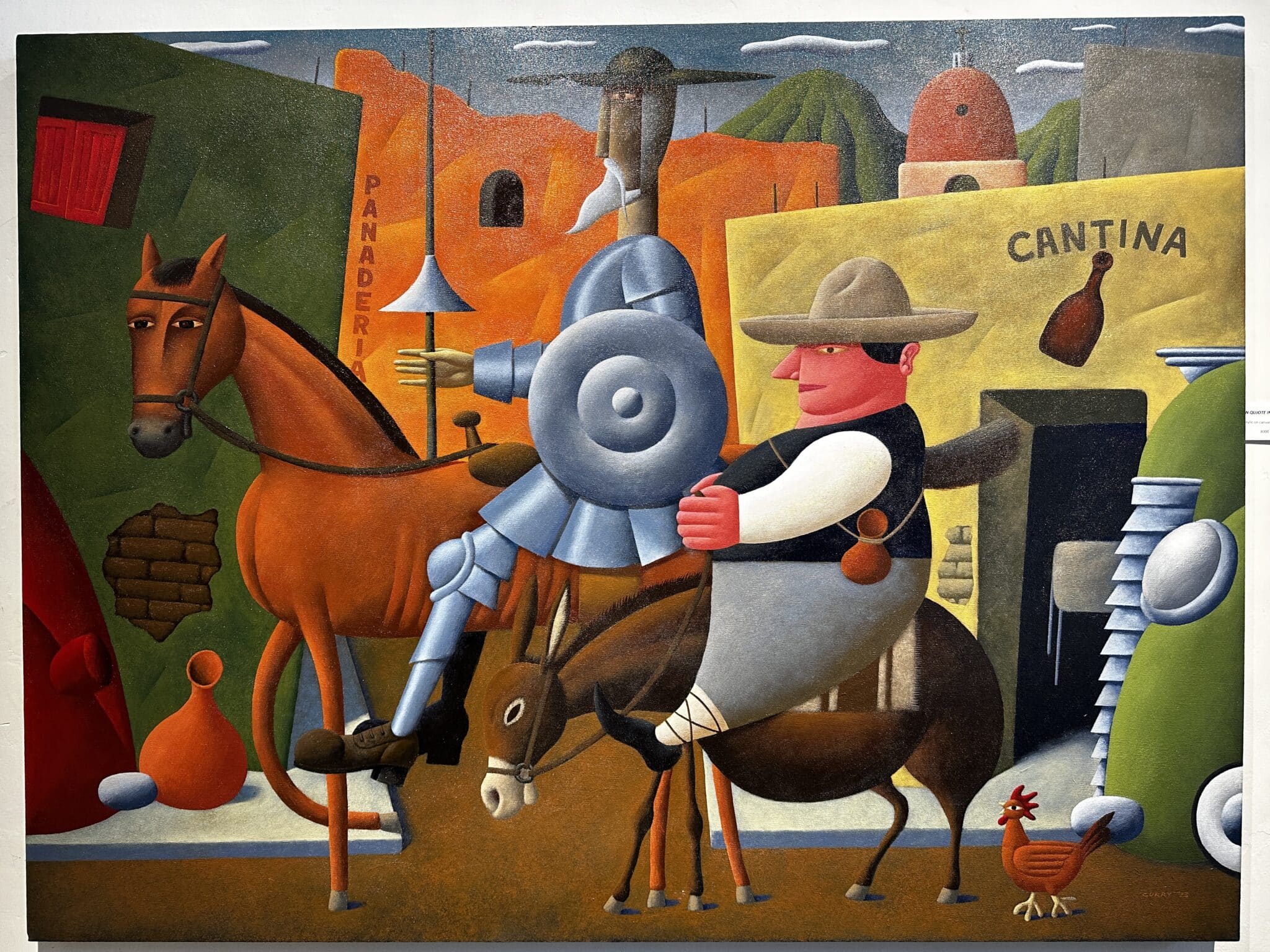 A stylized painting of Don Quixote setting out with with Sancho in a painting by Tom Curry