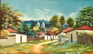 A rustic artwork of a latin american road with buildings, fences, trees and bushes.