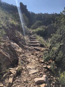 A trail going up a mountain with lush greenery in front and the sides