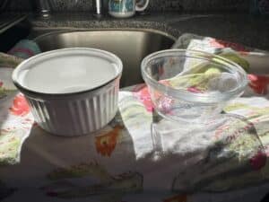 A ceramic ramekin and a glass bowl sitting on a towel in a ray of sunlight.