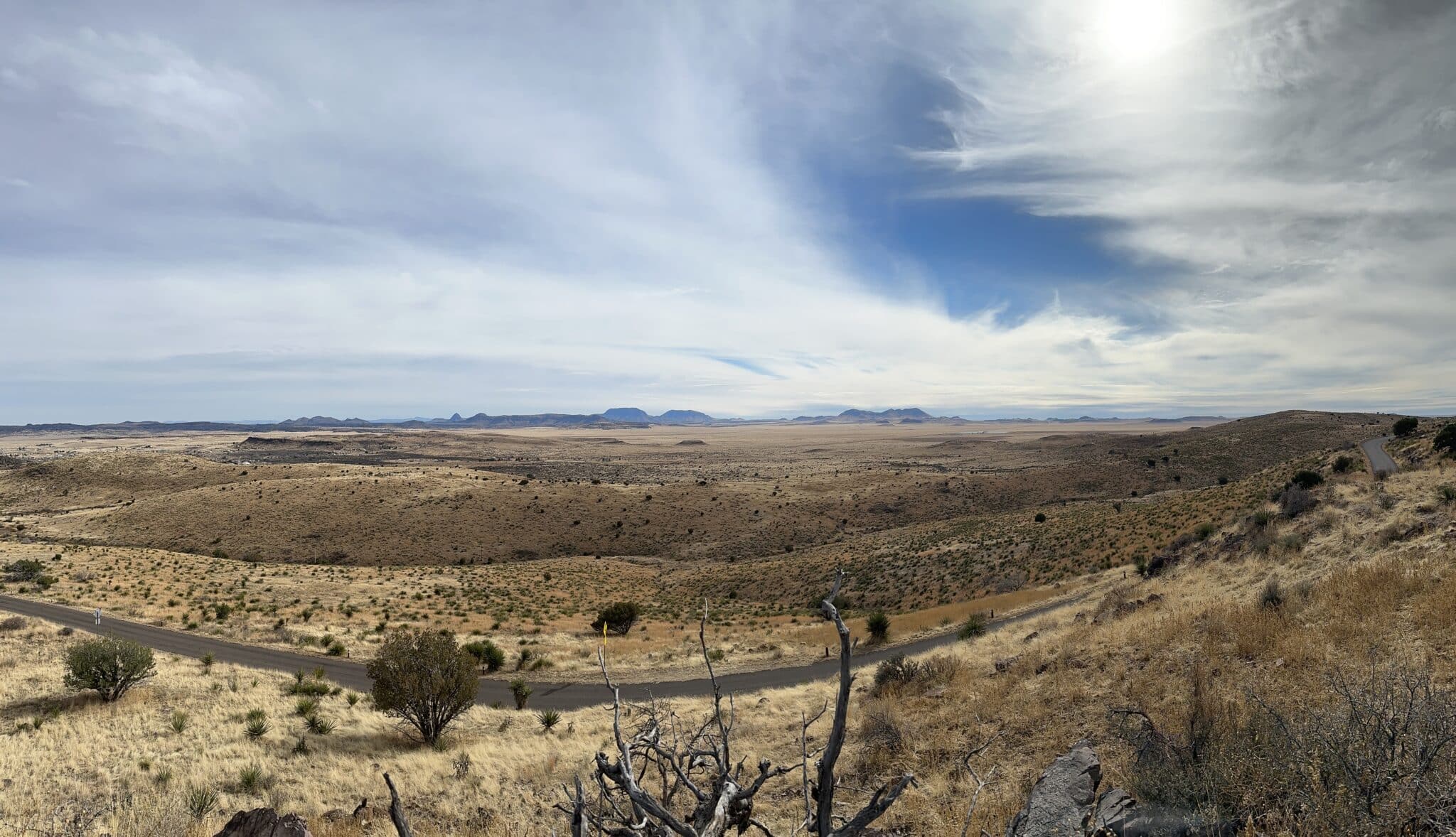 Wide view of the Davis Mountains and Chihuahuan Desert landscape in West Texas.