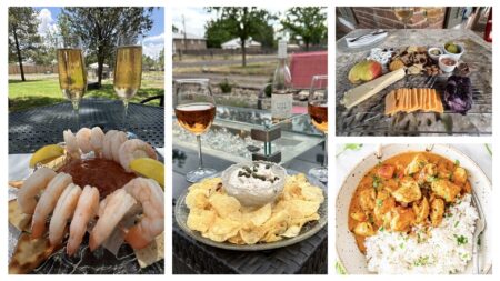 a collage of 4 pictures. a dip with chips and two glasses of rose wine. A bowl with chicken curry and rice, a cheese board, and a plate of shrimp and cocktail sauce.