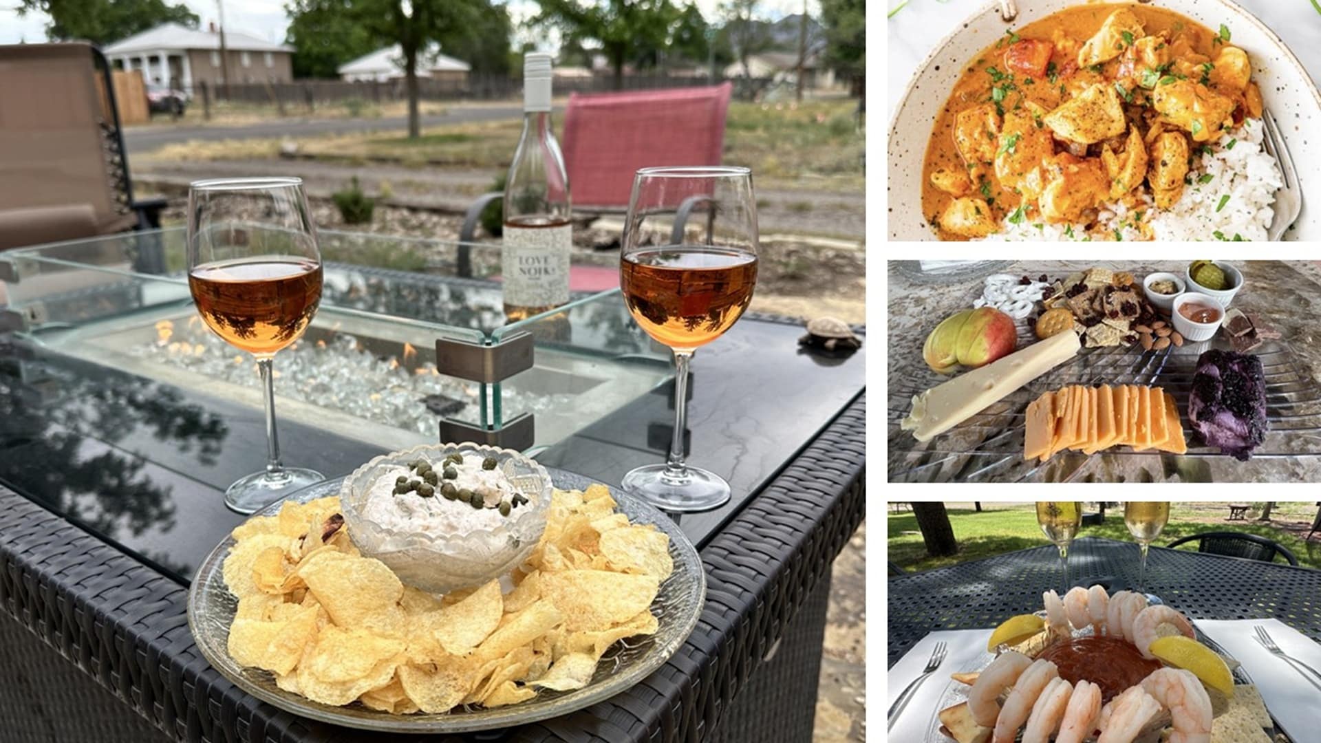 a collage of photos with different foods and wine.
