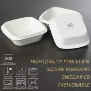 three white square baking dishes with handles on each side. One is upside down so you can see the mark. The photo says high quality, fashionable, and other descriptions.