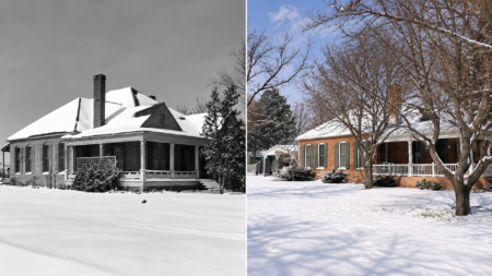 Two versions of a house and yard, lightly covered in snow. One looking to be early 1900s in B&W and one recent.