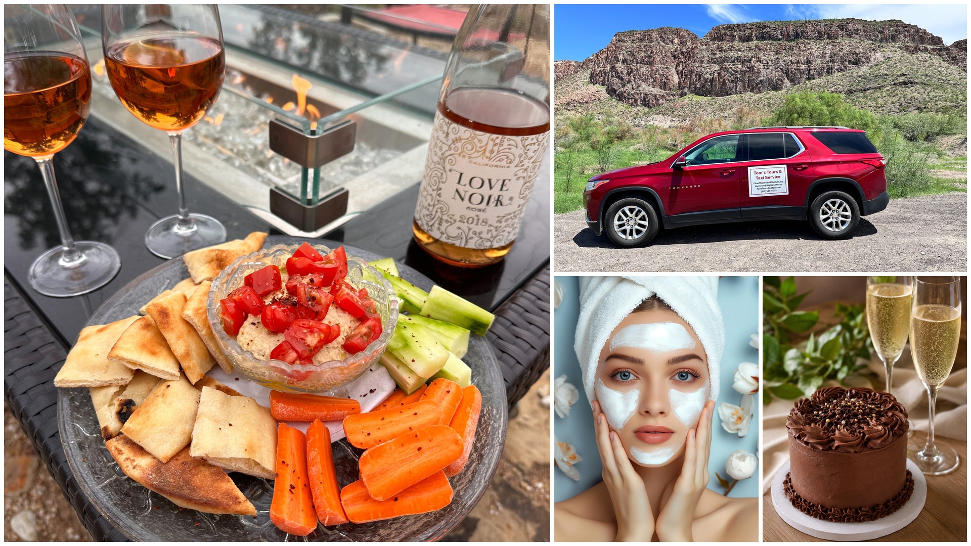 A collage of 4 photos: a plate of dip with tomatoes on top with bread carrots and cucumber, with two glasses and a bottle of rose wine, all sitting on the corner of a fire pit. A red chevy traverse with a door sign that says Tom's Tours and Taxi Service, in front of a mountain. A woman with a towel on her head and white cream on her face. A chocolate cake with two glasses of champagne.