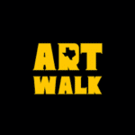 a black background with Art Walk written in goldish yellow. The state of texas is the middle of the "R".