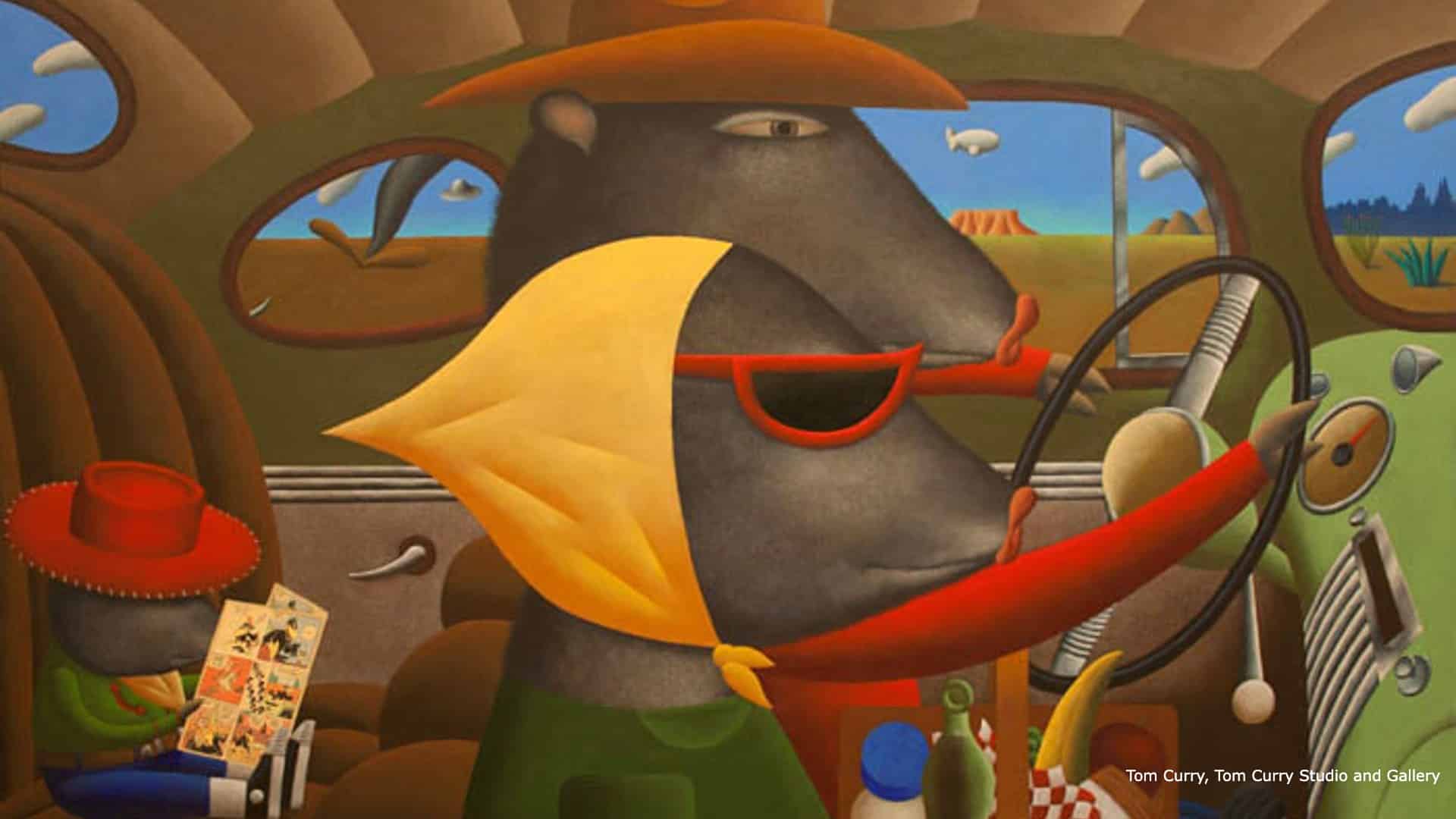 An artistic drawing of three animals driving inside a car