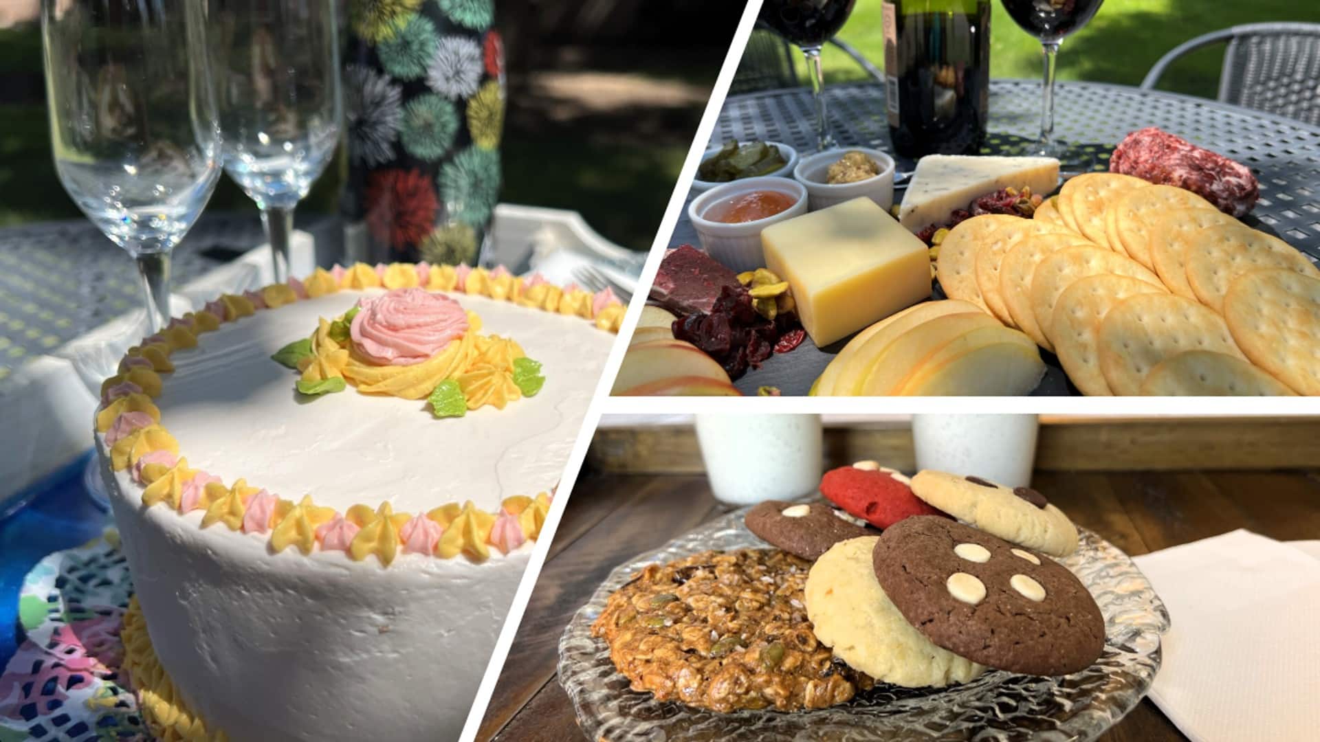 Collage design of three separate images, one showing cake, one plate of cookies and milk and the third a charcuterie platter