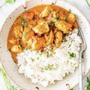A bowl with chicken pieces in a sauce and white rice.