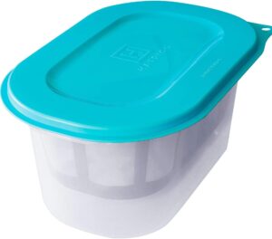 A picture of a yogurt strainer that has a green top, semi opaque plastic bottom and a mesh strainer inside.